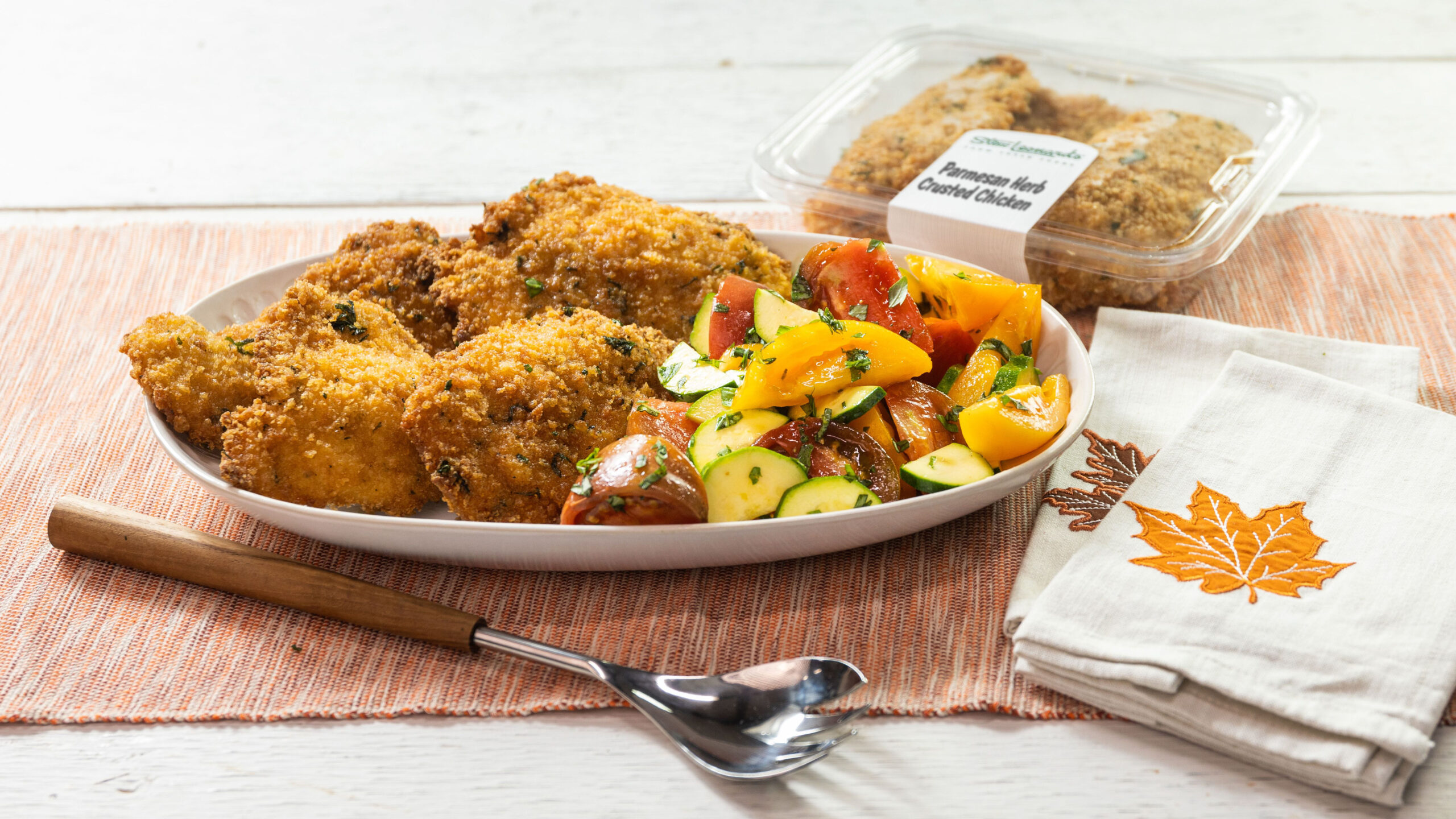 Parmesan-Herb Crusted Chicken with Squash and Heirloom Tomato Salad
